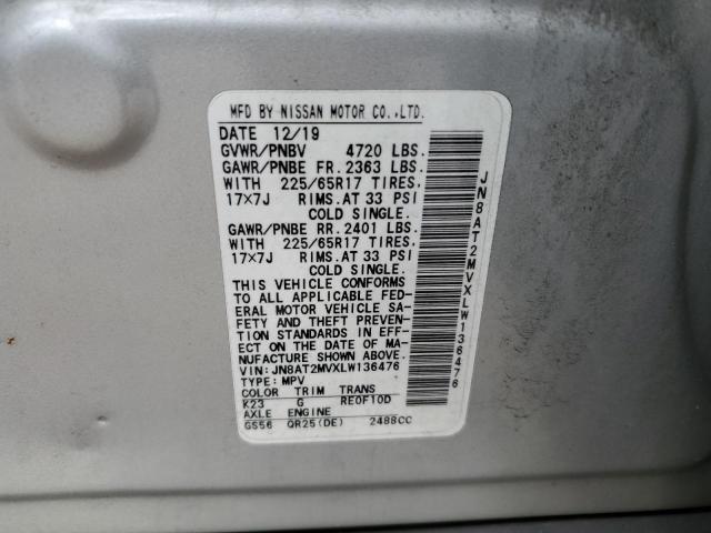 JN8AT2MVXLW136476 - 2020 NISSAN ROGUE S SILVER photo 13