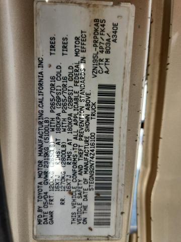5TEGN92N74Z416100 - 2004 TOYOTA TACOMA DOUBLE CAB PRERUNNER GOLD photo 13