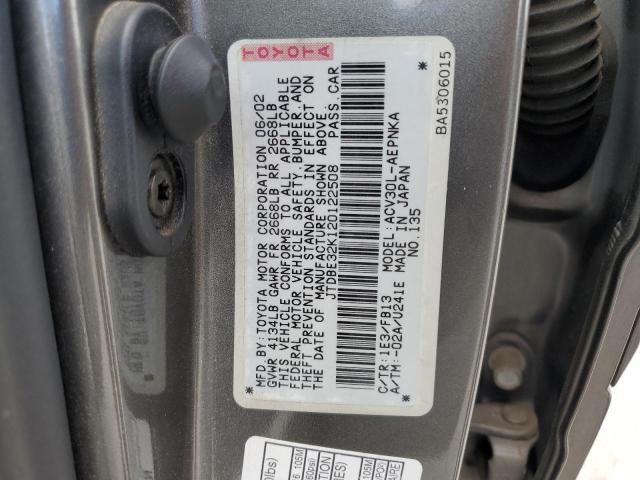 JTDBE32K120122508 - 2002 TOYOTA CAMRY LE GRAY photo 12