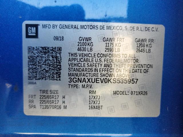 3GNAXUEV0KS535957 - 2019 CHEVROLET EQUINOX LT BLUE photo 14