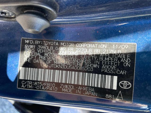 JTDKN3DU5A0085203 - 2010 TOYOTA PRIUS BLUE photo 10