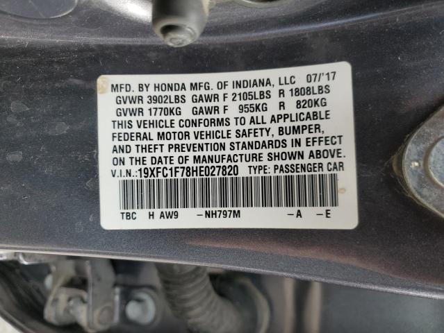 19XFC1F78HE027820 - 2017 HONDA CIVIC EXL ნაცრისფერი ფოტო 12