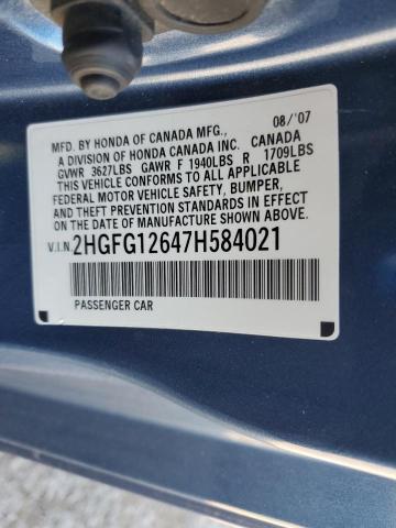 2HGFG12647H584021 - 2007 HONDA CIVIC LX BLUE photo 12