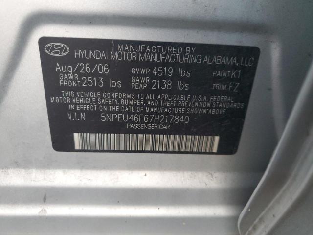 5NPEU46F67H217840 - 2007 HYUNDAI SONATA SE SILVER photo 12