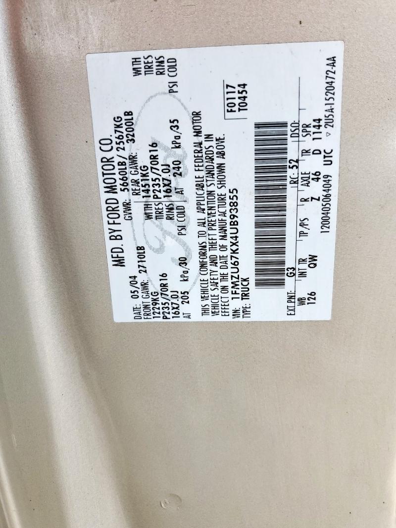 1FMZU67KX4UB93855 - 2004 FORD EXPLORER S TAN photo 12