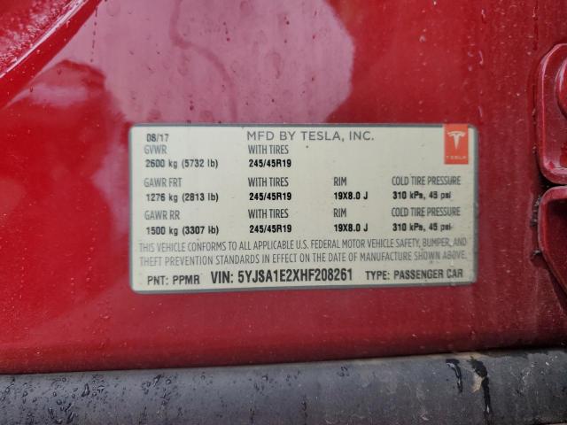 5YJSA1E2XHF208261 - 2017 TESLA MODEL S Կարմիր լուսանկար 12