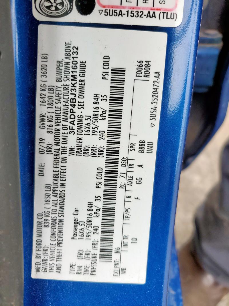 3FADP4BJ3KM160132 - 2019 FORD FIESTA SE ლურჯი ფოტო 12