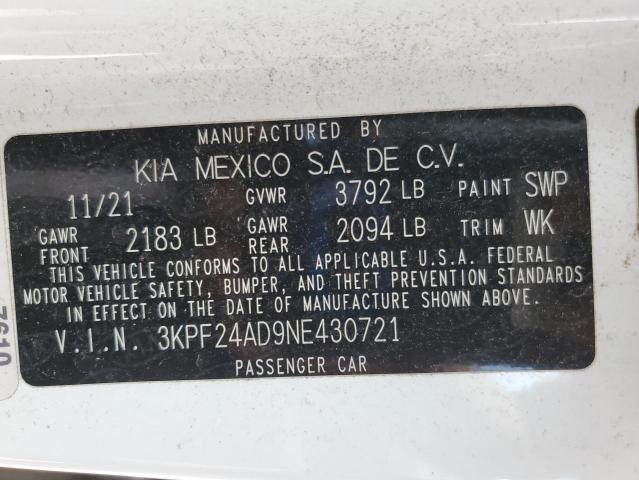 3KPF24AD9NE430721 - 2022 KIA FORTE FE WHITE photo 12