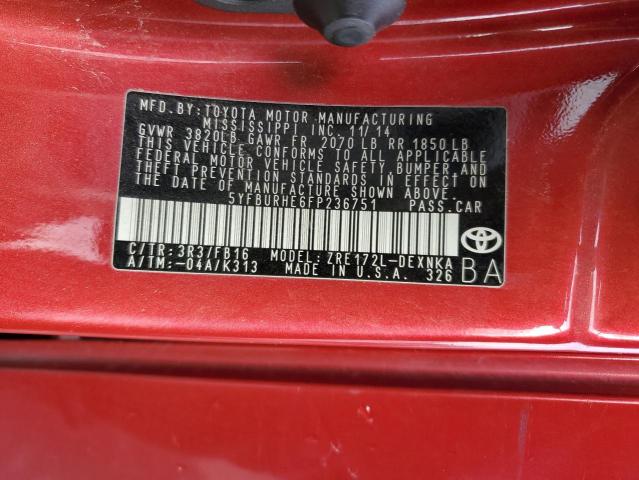 5YFBURHE6FP236751 - 2015 TOYOTA COROLLA L RED photo 12