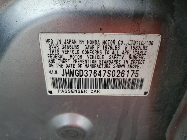 JHMGD37647S026175 - 2007 HONDA FIT S GRAY photo 12