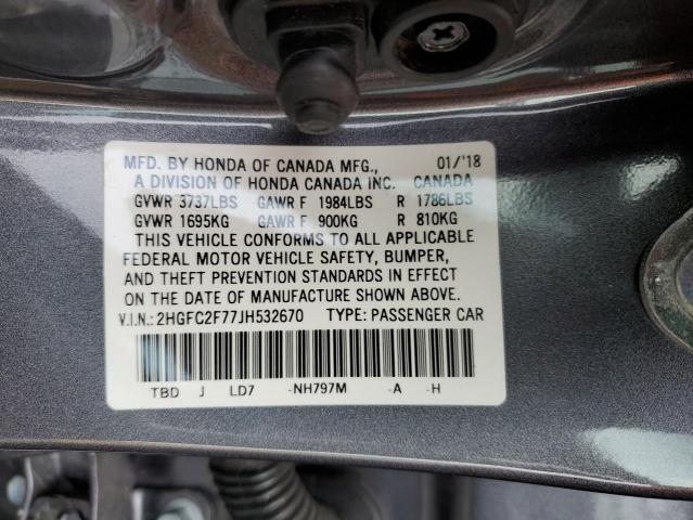 2HGFC2F77JH532670 - 2018 HONDA CIVIC EX Մոխրագույն լուսանկար 12