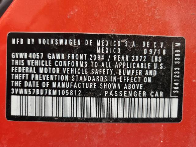 3VWN57BU7KM105812 - 2019 VOLKSWAGEN JETTA S 橙色 照片 12