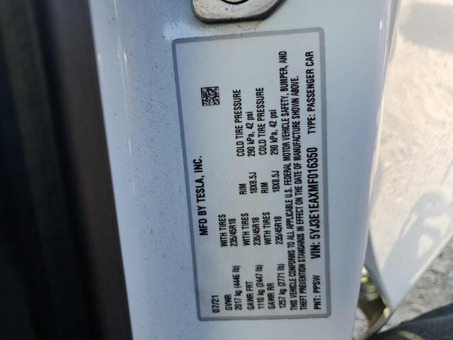 5YJ3E1EAXMF016350 - 2021 TESLA MODEL 3 白色 照片 13