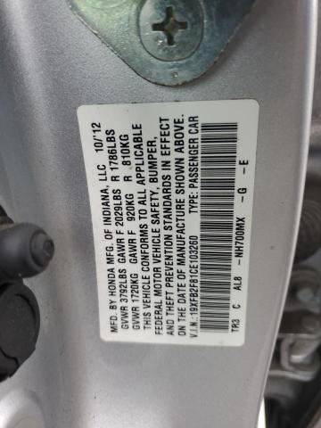 19XFB2F81CE103260 - 2012 HONDA CIVIC EX SILVER photo 12