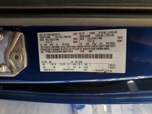 1FMCU9GD9KUB27934 - 2019 FORD ESCAPE SE Bleu photo 13
