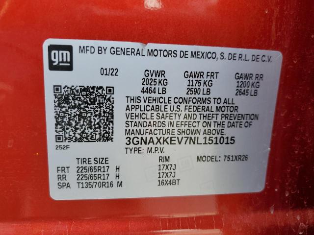 3GNAXKEV7NL151015 - 2022 CHEVROLET EQUINOX LT RED photo 12