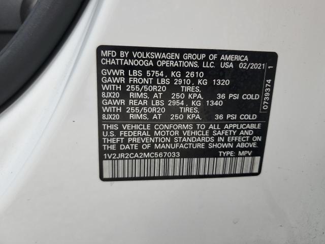 1V2JR2CA2MC567033 - 2021 VOLKSWAGEN ATLAS SE WHITE photo 13