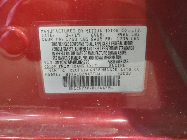 3N1CN7AP4KL861726 - 2019 NISSAN VERSA S Burdeos foto 12