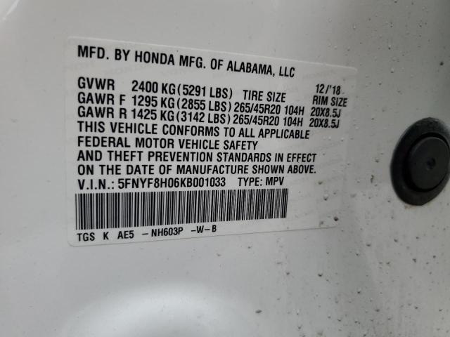 5FNYF8H06KB001033 - 2019 HONDA PASSPORT ELITE Ақ фото 13