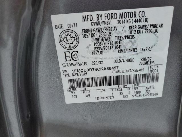 1FMCU0D74CKA86457 - 2012 FORD ESCAPE XLT CHARCOAL photo 12