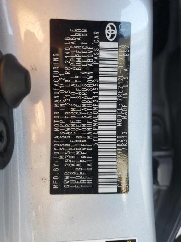 5YFEPMAE0MP211553 - 2021 TOYOTA COROLLA LE SILVER photo 12