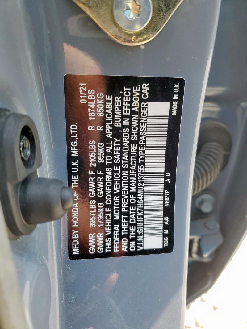 SHHFK7H64MU213755 - 2021 HONDA CIVIC EX GRAY photo 13