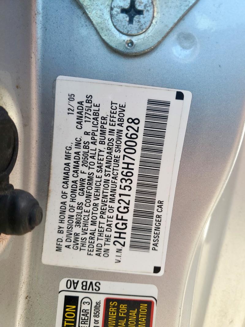 2HGFG21536H700628 - 2006 HONDA CIVIC SI 银色 照片 12