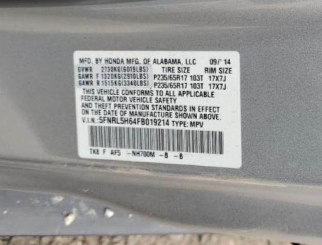 5FNRL5H64FB019214 - 2015 HONDA ODYSSEY EXL SILVER photo 13