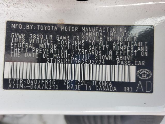 2T1BURHE5GC592724 - 2016 TOYOTA COROLLA L WHITE photo 13