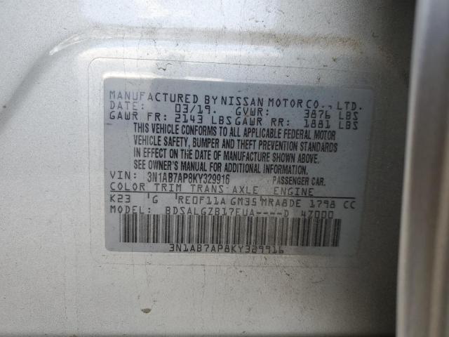 3N1AB7AP8KY329916 - 2019 NISSAN SENTRA S SILVER photo 12