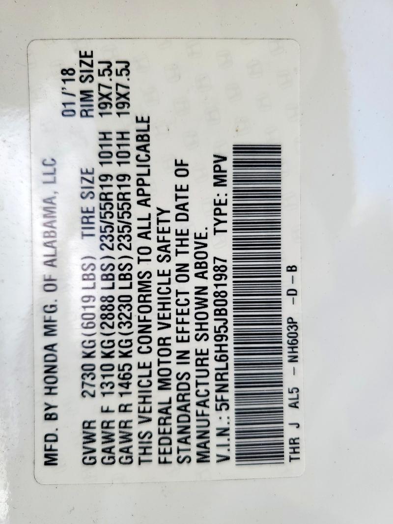 5FNRL6H95JB081987 - 2018 HONDA ODYSSEY ELITE Beyaz fotoğraf 14