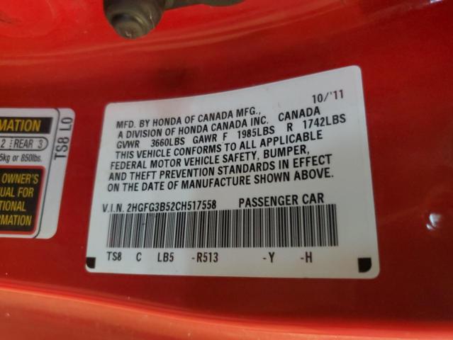 2HGFG3B52CH517558 - 2012 HONDA CIVIC LX RED photo 12