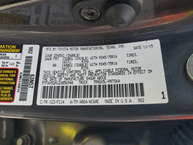 5TFAX5GN1GX056948 - 2016 TOYOTA TACOMA DOUBLE CAB GRAY photo 13