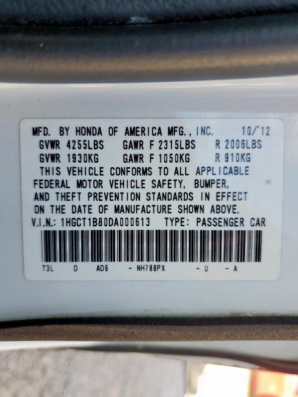 1HGCT1B80DA000613 - 2013 HONDA ACCORD EXL WHITE photo 12