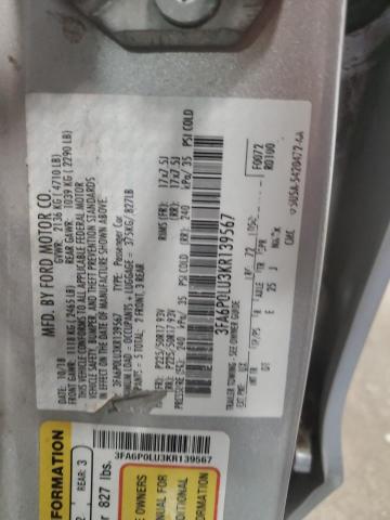 3FA6P0LU3KR139567 - 2019 FORD FUSION SE 银色 照片 12