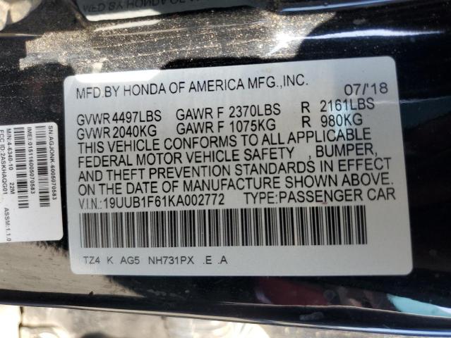 19UUB1F61KA002772 - 2019 ACURA TLX TECHNOLOGY Սև լուսանկար 12