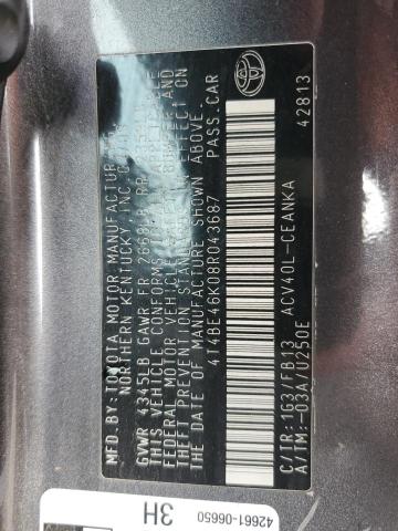 4T4BE46K08R043687 - 2008 TOYOTA CAMRY CE CHARCOAL photo 12