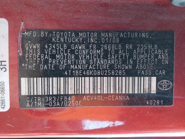 4T1BE46K08U258285 - 2008 TOYOTA CAMRY CE RED photo 12