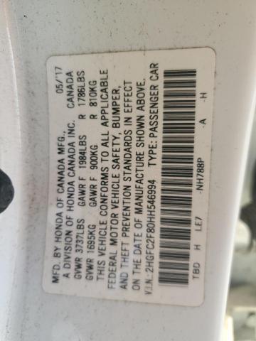 2HGFC2F80HH546994 - 2017 HONDA CIVIC EX WHITE photo 12