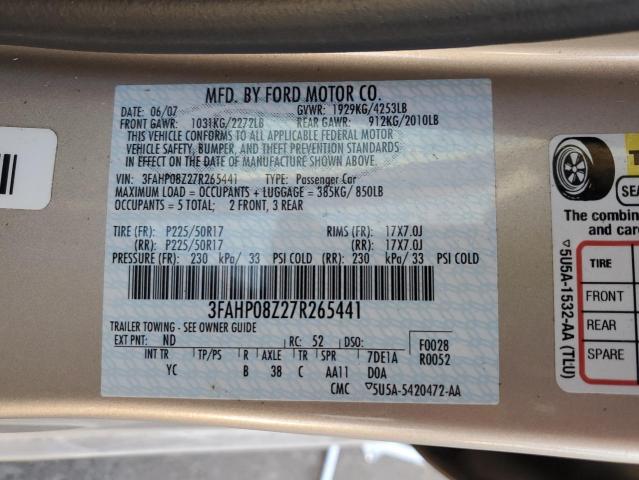 3FAHP08Z27R265441 - 2007 FORD FUSION SEL BEIGE photo 12