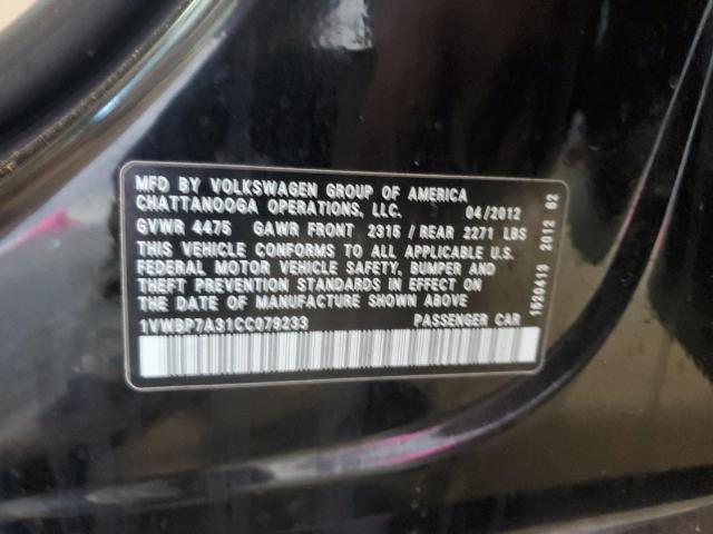 1VWBP7A31CC079233 - 2012 VOLKSWAGEN PASSAT SE Czarny zdjęcie 12