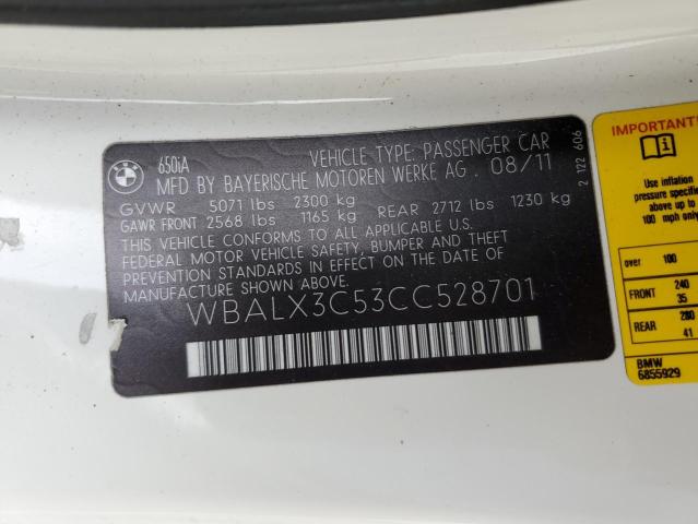 WBALX3C53CC528701 - 2012 BMW 650 I WHITE photo 12