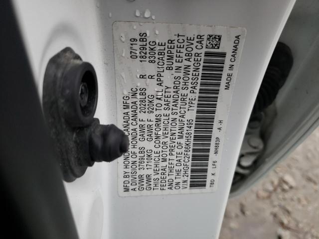 2HGFC2F66KH581495 - 2019 HONDA CIVIC LX WHITE photo 12