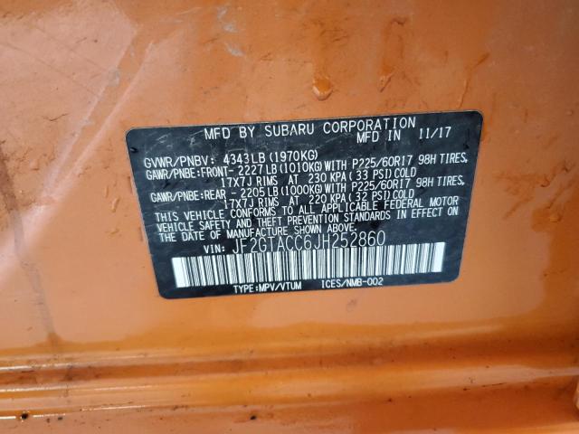 JF2GTACC6JH252860 - 2018 SUBARU CROSSTREK PREMIUM ნარინჯისფერი ფოტო 13