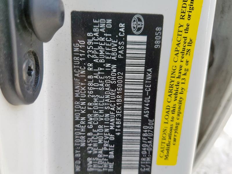 4T4BF3EK1BR160002 - 2011 TOYOTA CAMRY BASE WHITE photo 12