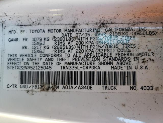 5TETX22N35Z125045 - 2005 TOYOTA TACOMA ACCESS CAB Ақ фото 12