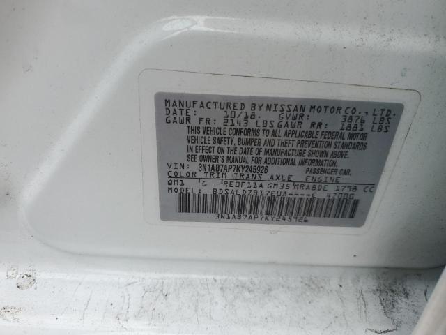 3N1AB7AP7KY245926 - 2019 NISSAN SENTRA S أبيض صورة 12
