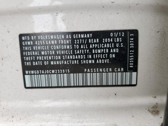 WVWGD7AJ0CW233915 - 2012 VOLKSWAGEN GTI WHITE photo 12