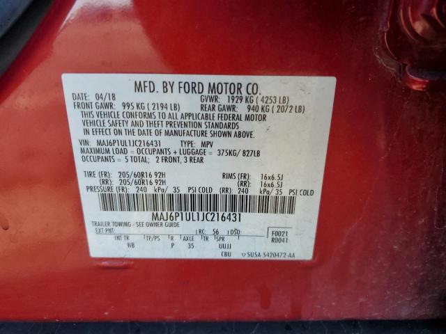 MAJ6P1UL1JC216431 - 2018 FORD ECOSPORT SE 栗色 照片 13