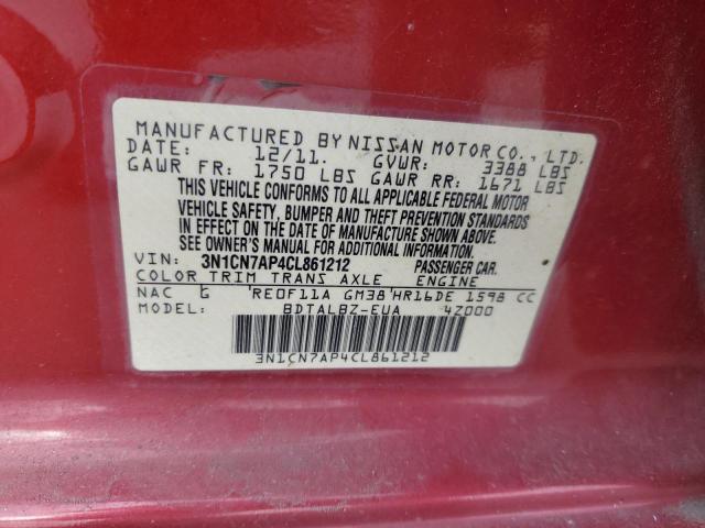 3N1CN7AP4CL861212 - 2012 NISSAN VERSA S RED photo 12